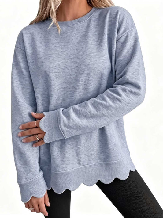 Women's Crew Neck Wavy Scallop Oversized Sweatshirt