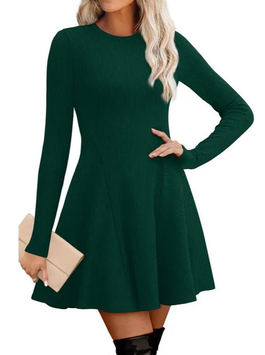 ⏰Hot Sale-Women Crew Neck Long Sleeve Fit‑and‑Flare A‑Line Sweater Dress