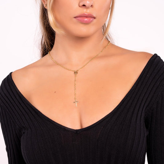 18K Gold Plated Virgin Mary Rosary Bead Cross Necklace