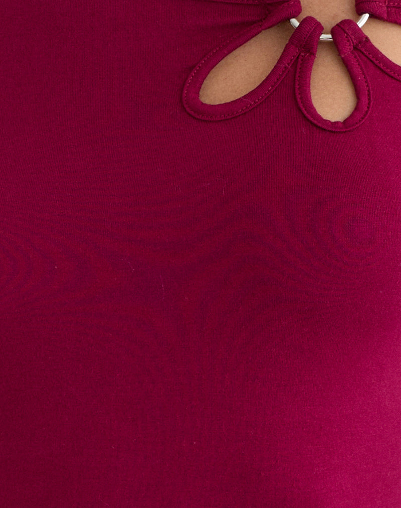 Donela Long Sleeve Top with Flower Ring in Burgundy