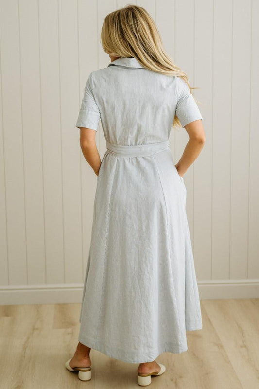 Saylor Striped Cotton Button Down Dress | Cornflower