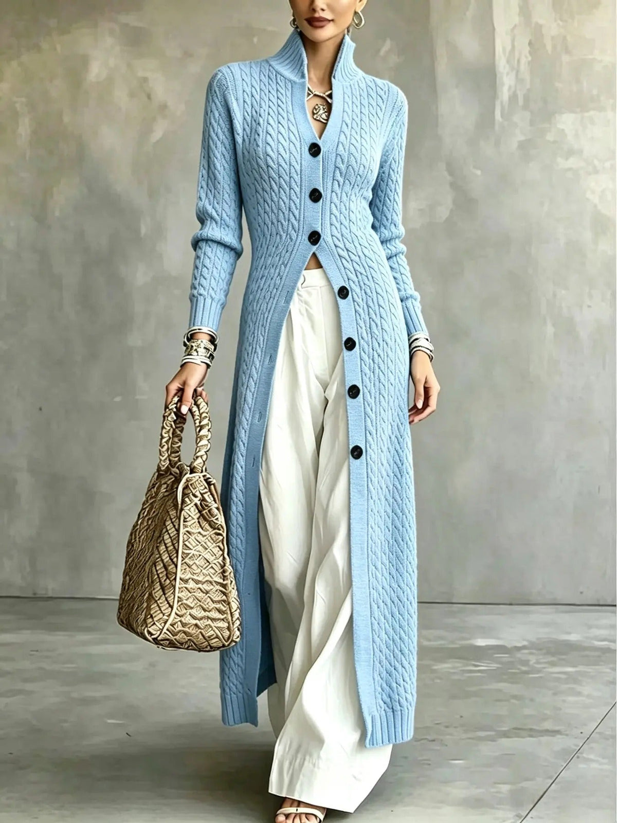 Women's Stand Collar Single Button Cable Knit Long Cardigan