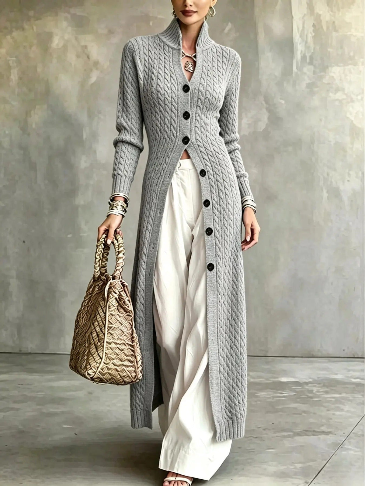 Women's Stand Collar Single Button Cable Knit Long Cardigan
