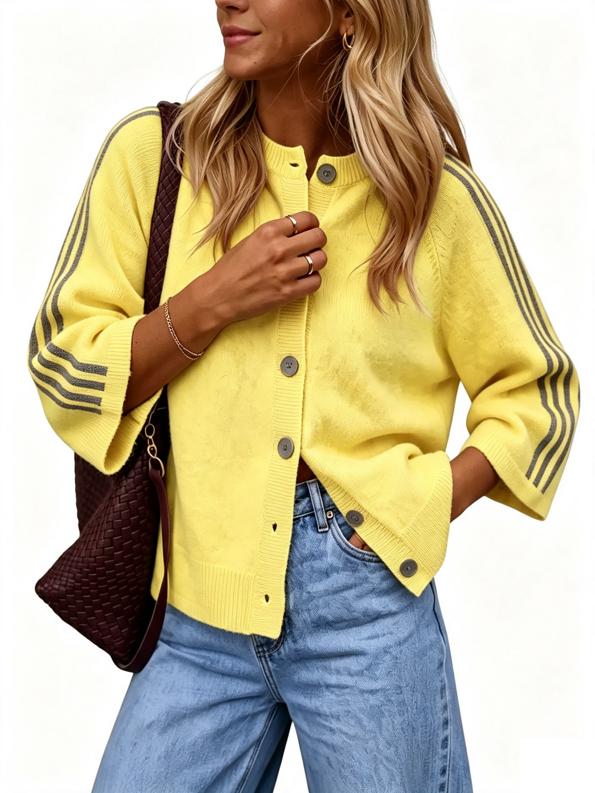 BLACK FRIDAY STARTS EARLY🔥 Women Striped 3/4 Sleeve  Crew Neck Button Down Knit Cardigan