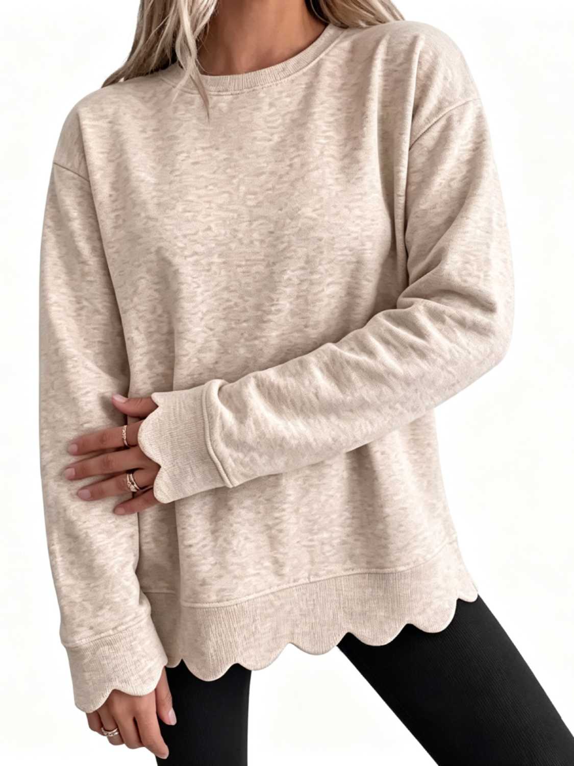 Women's Crew Neck Wavy Scallop Oversized Sweatshirt