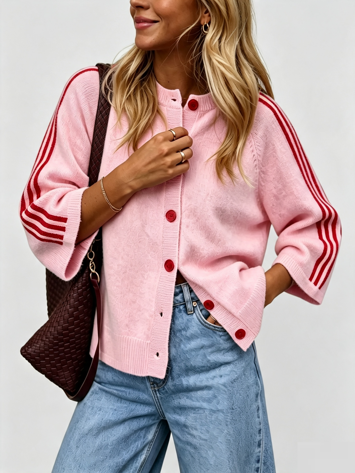 BLACK FRIDAY STARTS EARLY🔥 Women Striped 3/4 Sleeve  Crew Neck Button Down Knit Cardigan
