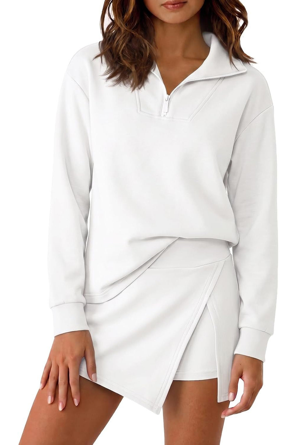 Long Sleeve Half Zip Collared Top And Skort Two Piece Set