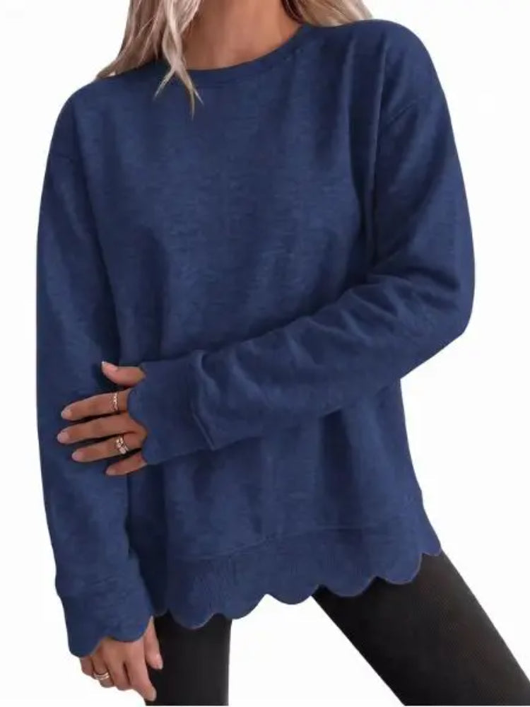 Women's Crew Neck Wavy Scallop Oversized Sweatshirt