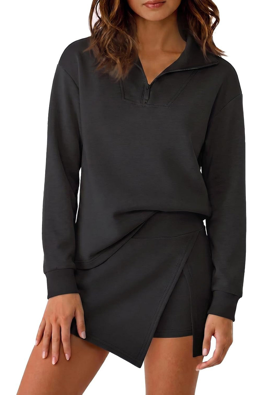 Long Sleeve Half Zip Collared Top And Skort Two Piece Set