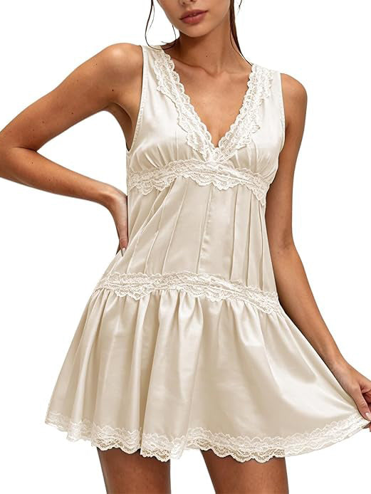 Limited time sale🔥Women Deep V‑Neck Lace Sleeveless Ruffle Hem Dress