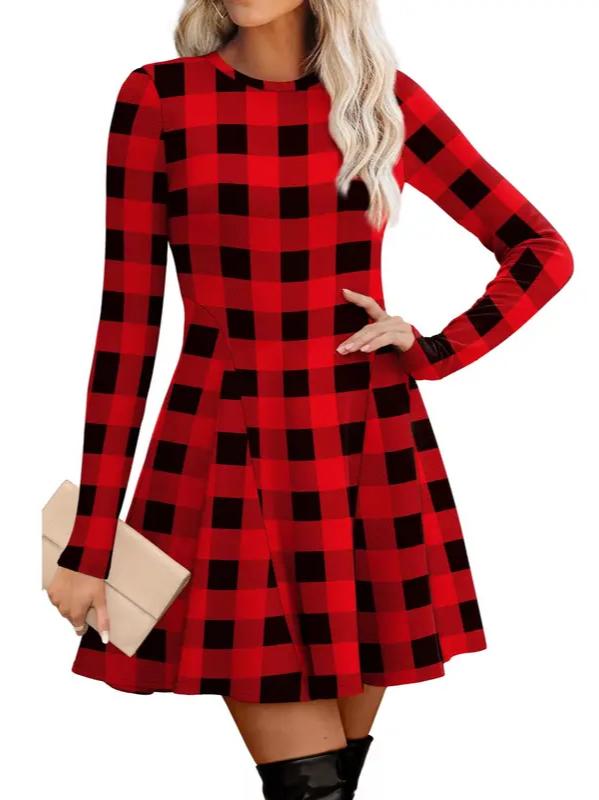 ⏰Hot Sale-Women Crew Neck Long Sleeve Fit‑and‑Flare A‑Line Sweater Dress