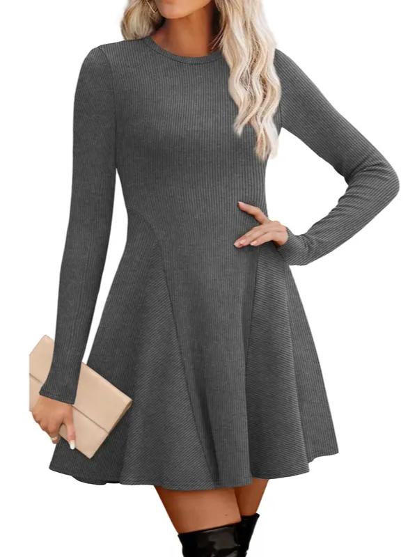 ⏰Hot Sale-Women Crew Neck Long Sleeve Fit‑and‑Flare A‑Line Sweater Dress