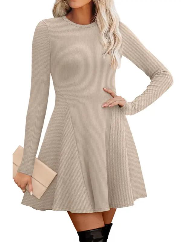 ⏰Hot Sale-Women Crew Neck Long Sleeve Fit‑and‑Flare A‑Line Sweater Dress
