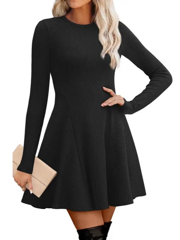 ⏰Hot Sale-Women Crew Neck Long Sleeve Fit‑and‑Flare A‑Line Sweater Dress