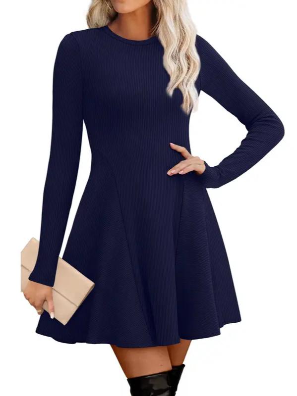 ⏰Hot Sale-Women Crew Neck Long Sleeve Fit‑and‑Flare A‑Line Sweater Dress