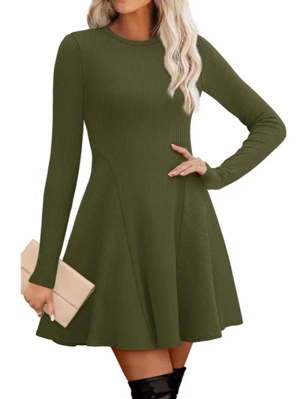 ⏰Hot Sale-Women Crew Neck Long Sleeve Fit‑and‑Flare A‑Line Sweater Dress
