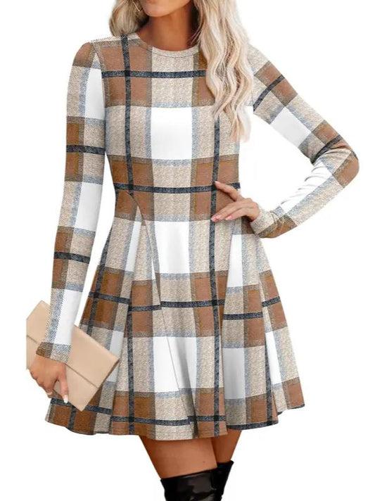⏰Hot Sale-Women Crew Neck Long Sleeve Fit‑and‑Flare A‑Line Sweater Dress