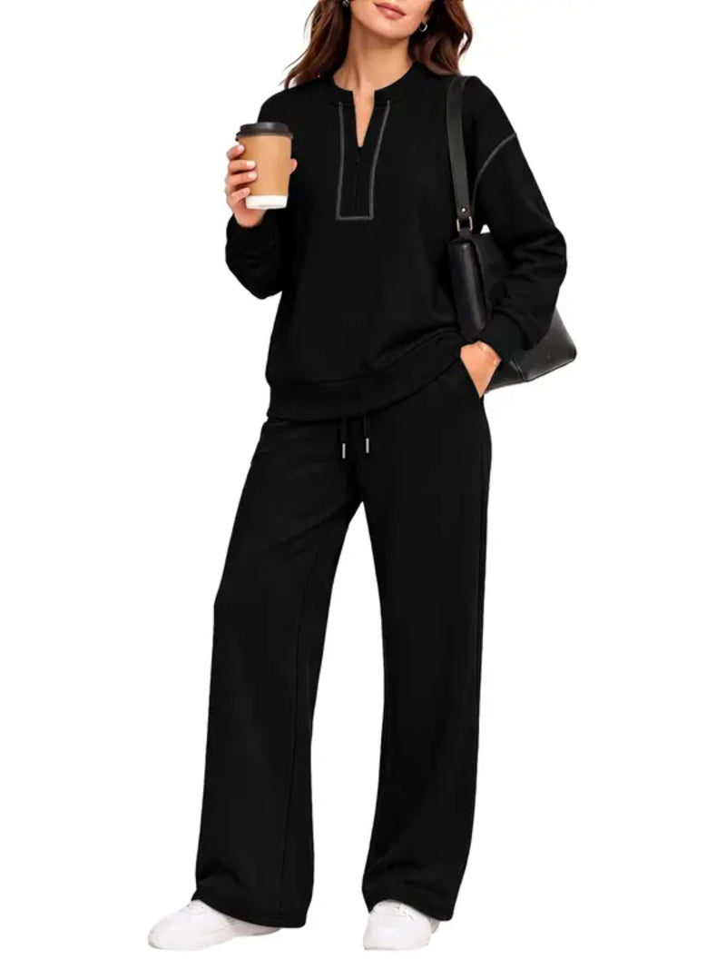 Contrast‑Stitch Notched Neck 2‑Piece Loungewear Set