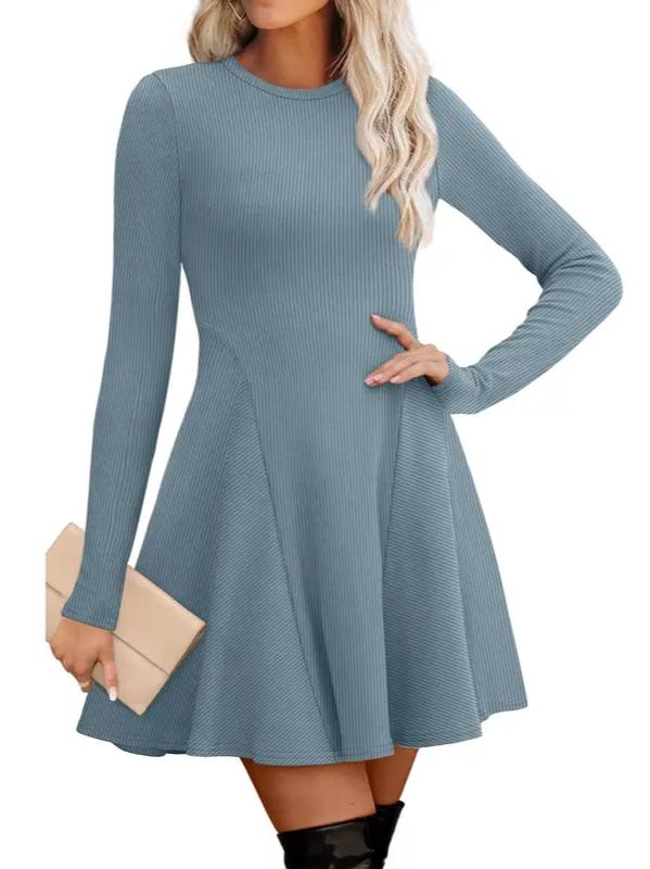 ⏰Hot Sale-Women Crew Neck Long Sleeve Fit‑and‑Flare A‑Line Sweater Dress