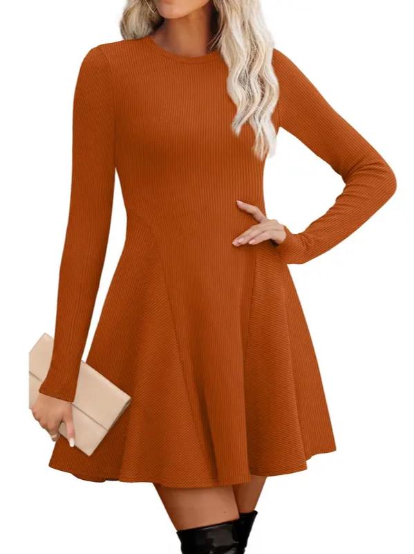 ⏰Hot Sale-Women Crew Neck Long Sleeve Fit‑and‑Flare A‑Line Sweater Dress