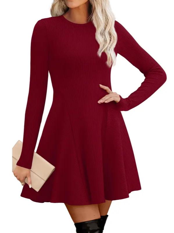 ⏰Hot Sale-Women Crew Neck Long Sleeve Fit‑and‑Flare A‑Line Sweater Dress