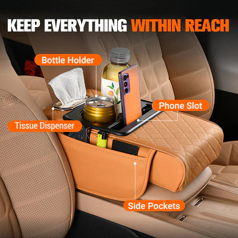 Almohadilla reposabrazos para coche 4 en 1 – Organizador de consola prémium con caja de pañuelos, portavasos y bolsillo de almacenamiento