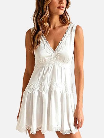 Limited time sale🔥Women Deep V‑Neck Lace Sleeveless Ruffle Hem Dress