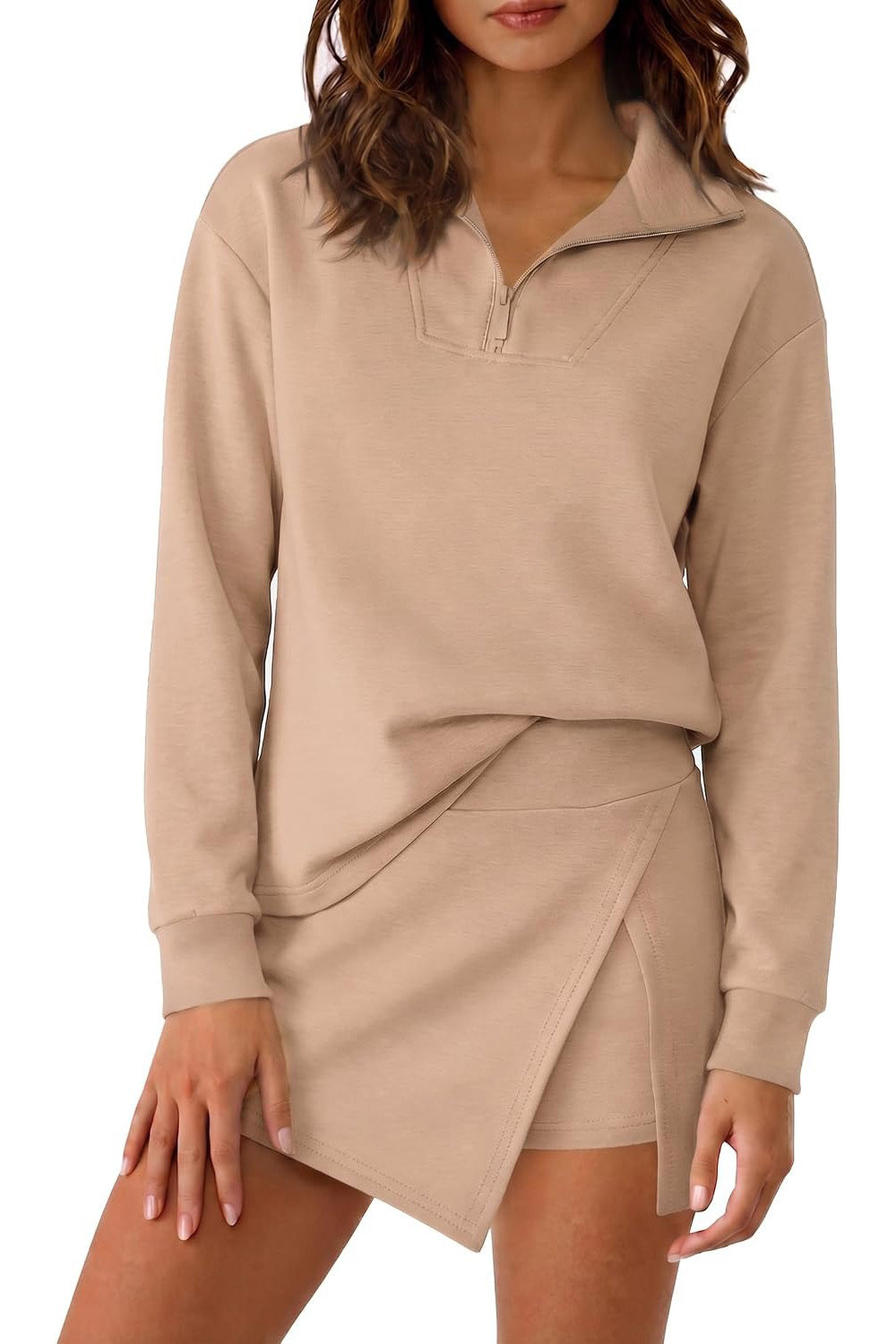 Long Sleeve Half Zip Collared Top And Skort Two Piece Set