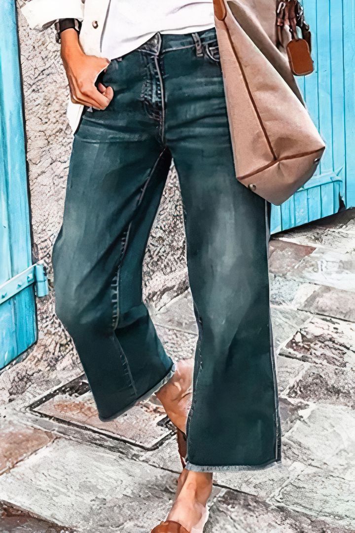 Washed Raw Hem Mid Waist Straight Leg Jeans