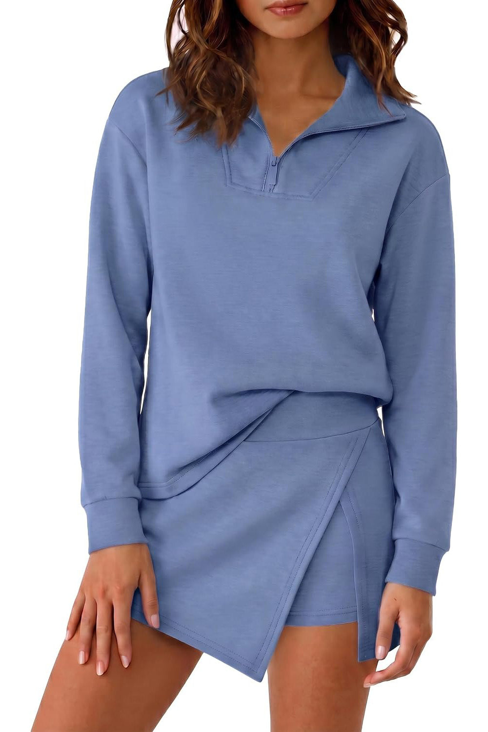 Long Sleeve Half Zip Collared Top And Skort Two Piece Set
