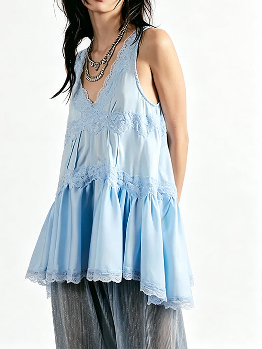 Limited time sale🔥Women Deep V‑Neck Lace Sleeveless Ruffle Hem Dress