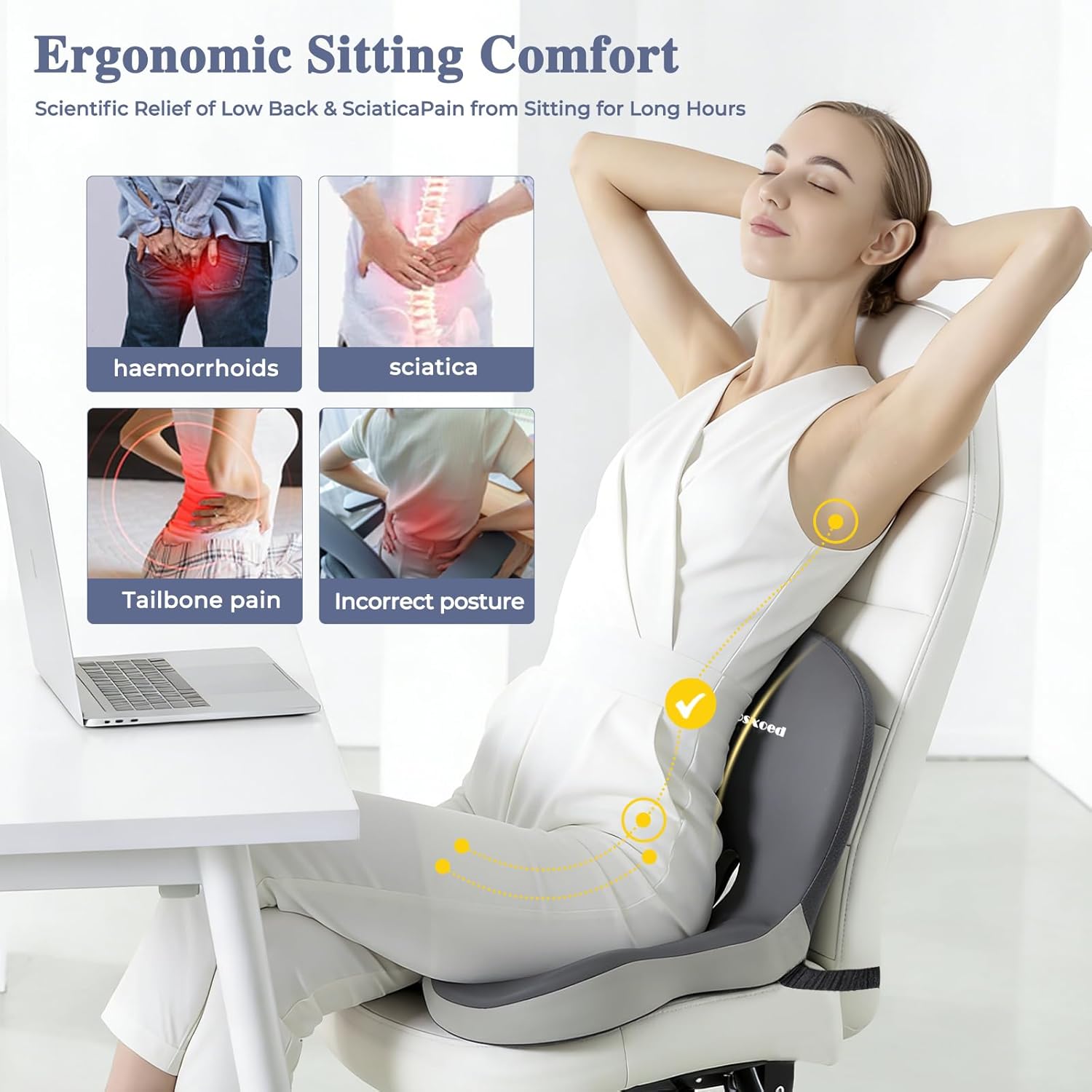 Ergonomic Memory Foam Seat Cushion & Back Support for All-Day Comfort and Pressure Relief