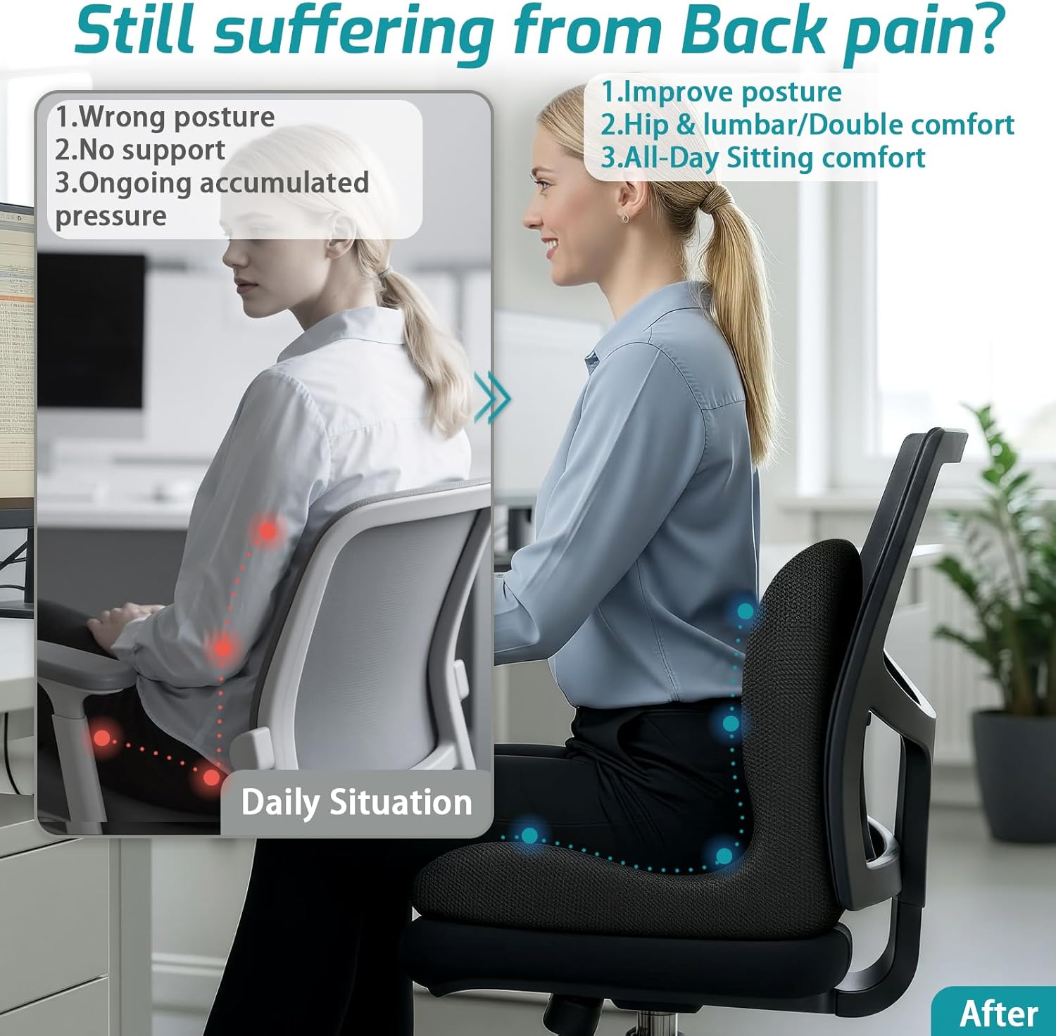 Ergonomic Memory Foam Seat Cushion & Back Support for All-Day Comfort and Pressure Relief