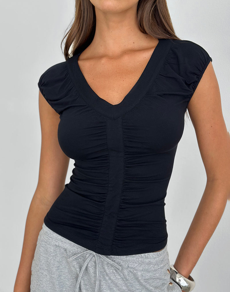 Atheia Gathered V-Neck Top in Rayon Jersey Black