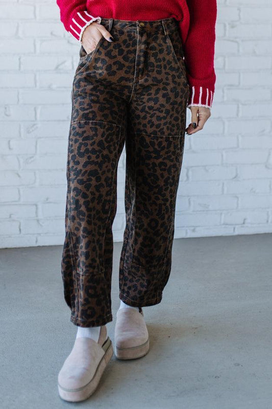 Ace Knee Patch Barrel Jeans | Mocha Leopard - SO ME