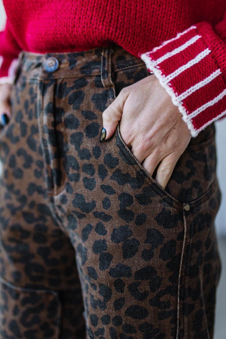 Ace Knee Patch Barrel Jeans | Mocha Leopard - SO ME