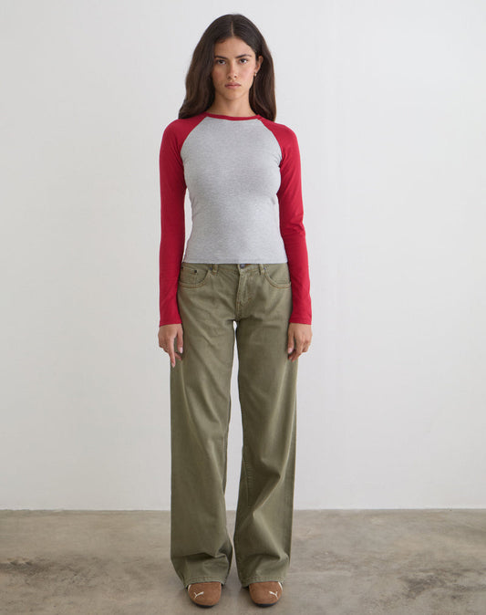 Balqis Long Sleeve Top in Grey Marl Adrenaline Red Combination