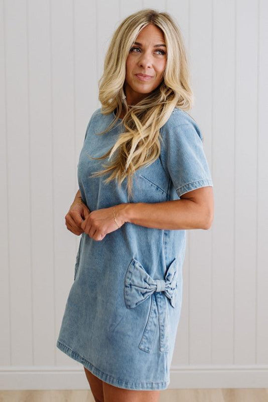 Bow Accent Denim Shift Dress