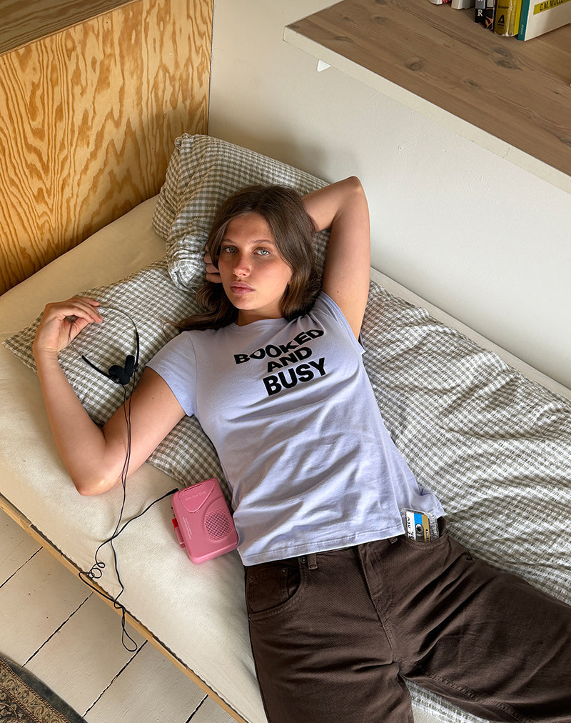 Clio Baggy Tee in Lilac with Booked and Busy Slogan