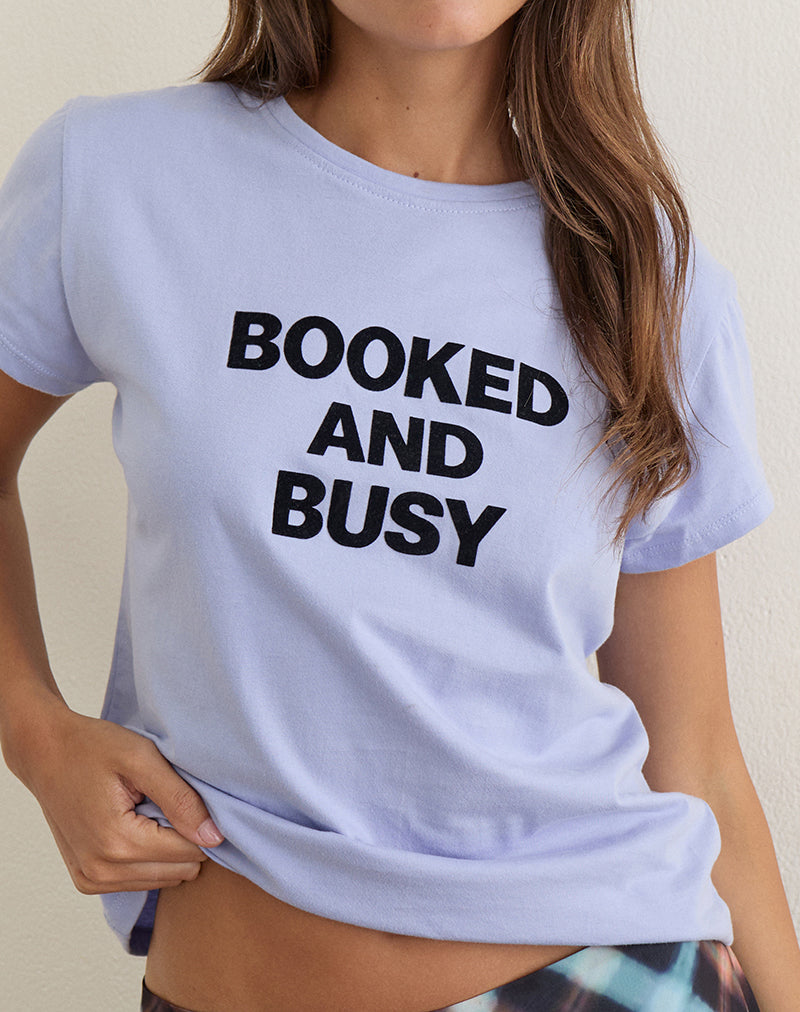 Clio Baggy Tee in Lilac with Booked and Busy Slogan
