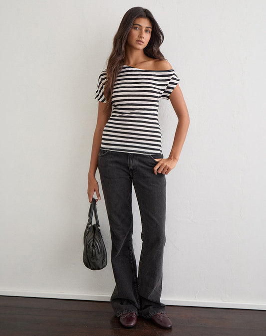 Danama One Shoulder Top in Sheer Jersey Black and White Stripe