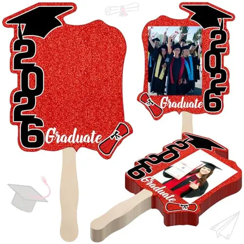 24 unidades de abanicos de graduación Clase de 2026 con mango | Accesorios de fotografía de graduación de doble cara para hacer tú mismo