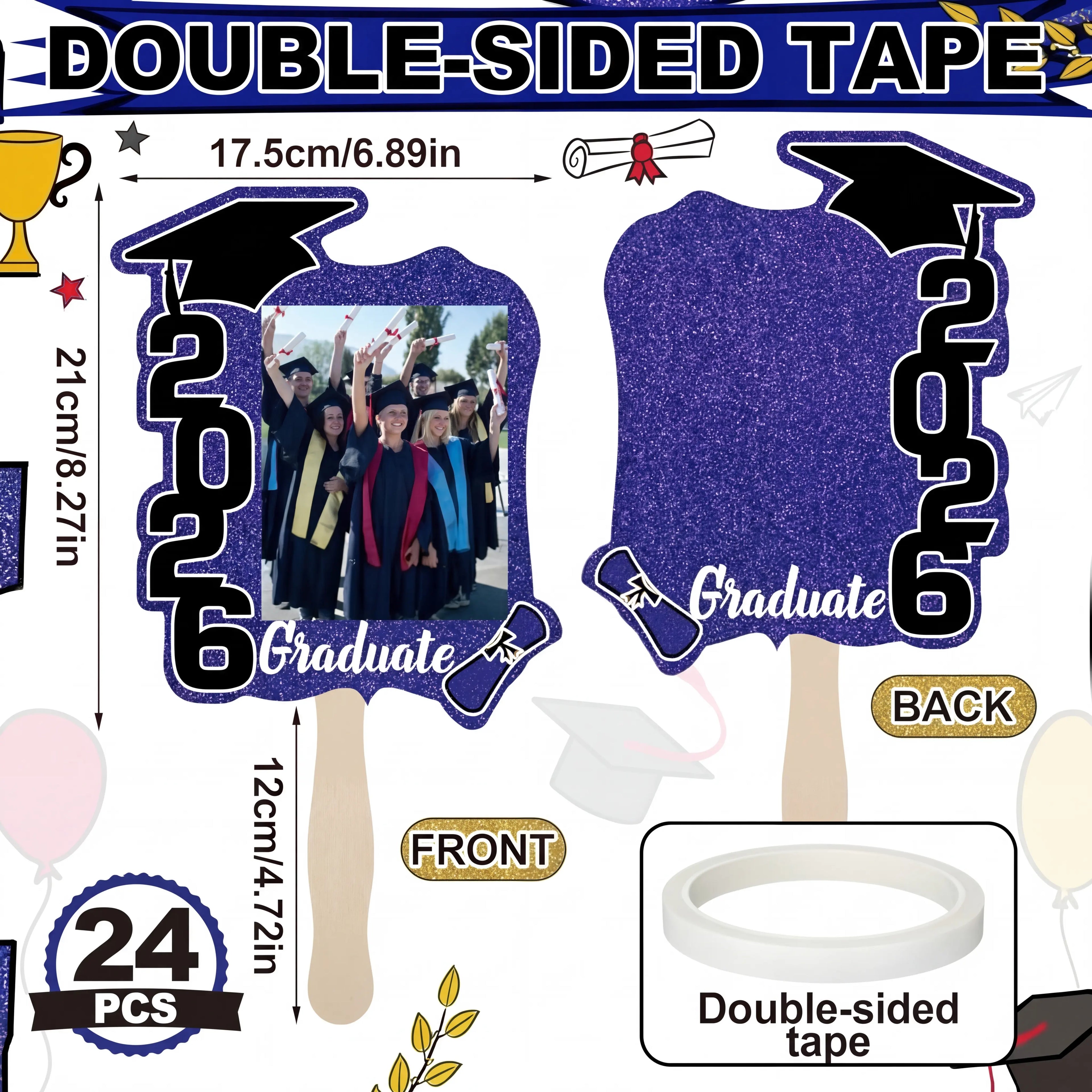 24 Pack Class of 2026 Graduation Fans with Handle | Double Sided DIY Grad Photo Props