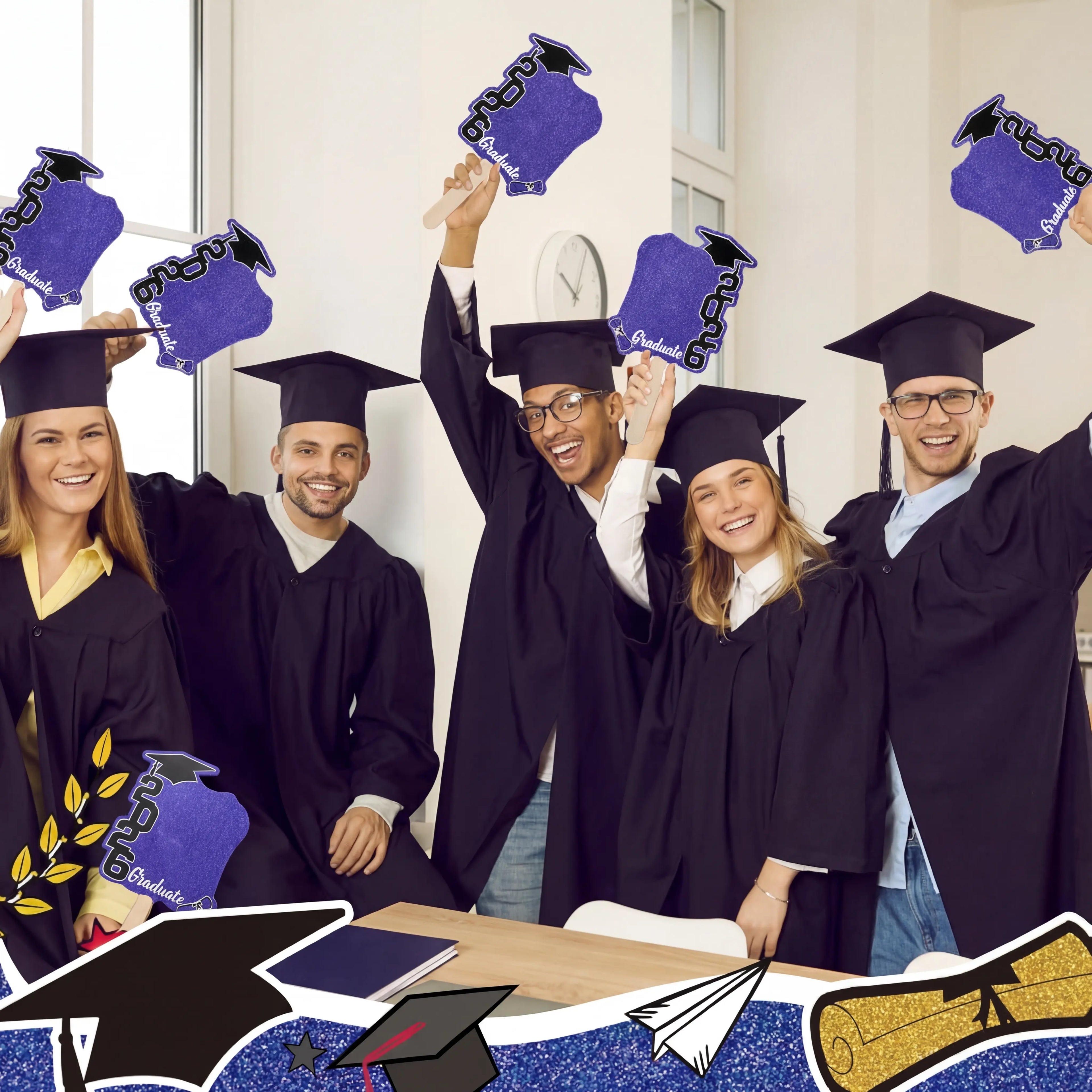 24 unidades de abanicos de graduación Clase de 2026 con mango | Accesorios de fotografía de graduación de doble cara para hacer tú mismo