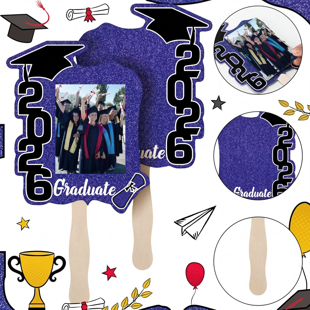 24 unidades de abanicos de graduación Clase de 2026 con mango | Accesorios de fotografía de graduación de doble cara para hacer tú mismo