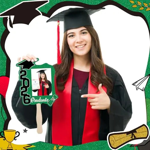 24 unidades de abanicos de graduación Clase de 2026 con mango | Accesorios de fotografía de graduación de doble cara para hacer tú mismo