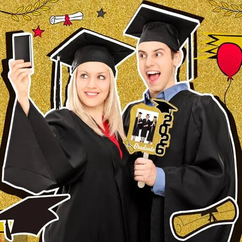 24 unidades de abanicos de graduación Clase de 2026 con mango | Accesorios de fotografía de graduación de doble cara para hacer tú mismo