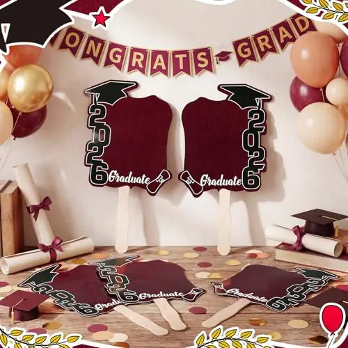 24 unidades de abanicos de graduación Clase de 2026 con mango | Accesorios de fotografía de graduación de doble cara para hacer tú mismo