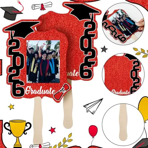 24 unidades de abanicos de graduación Clase de 2026 con mango | Accesorios de fotografía de graduación de doble cara para hacer tú mismo