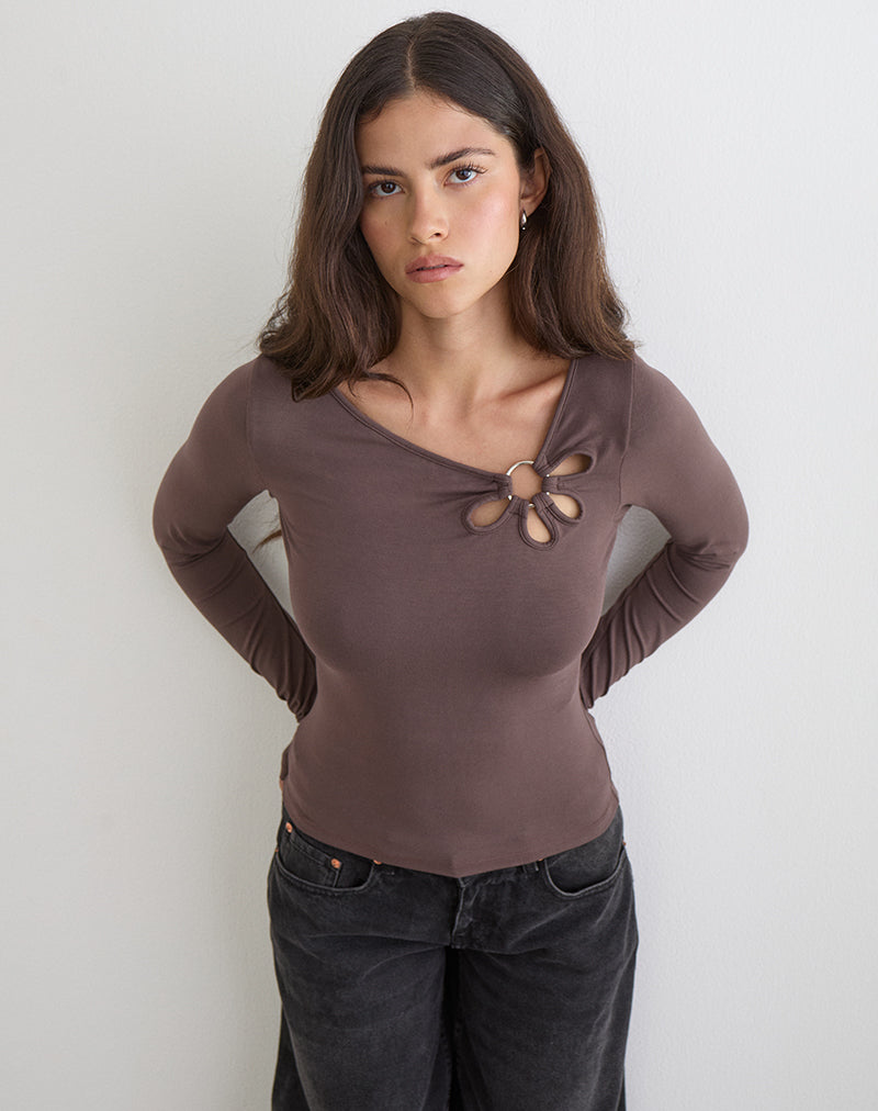 Donela Long Sleeve Top with Flower Ring in Coffee Quartz